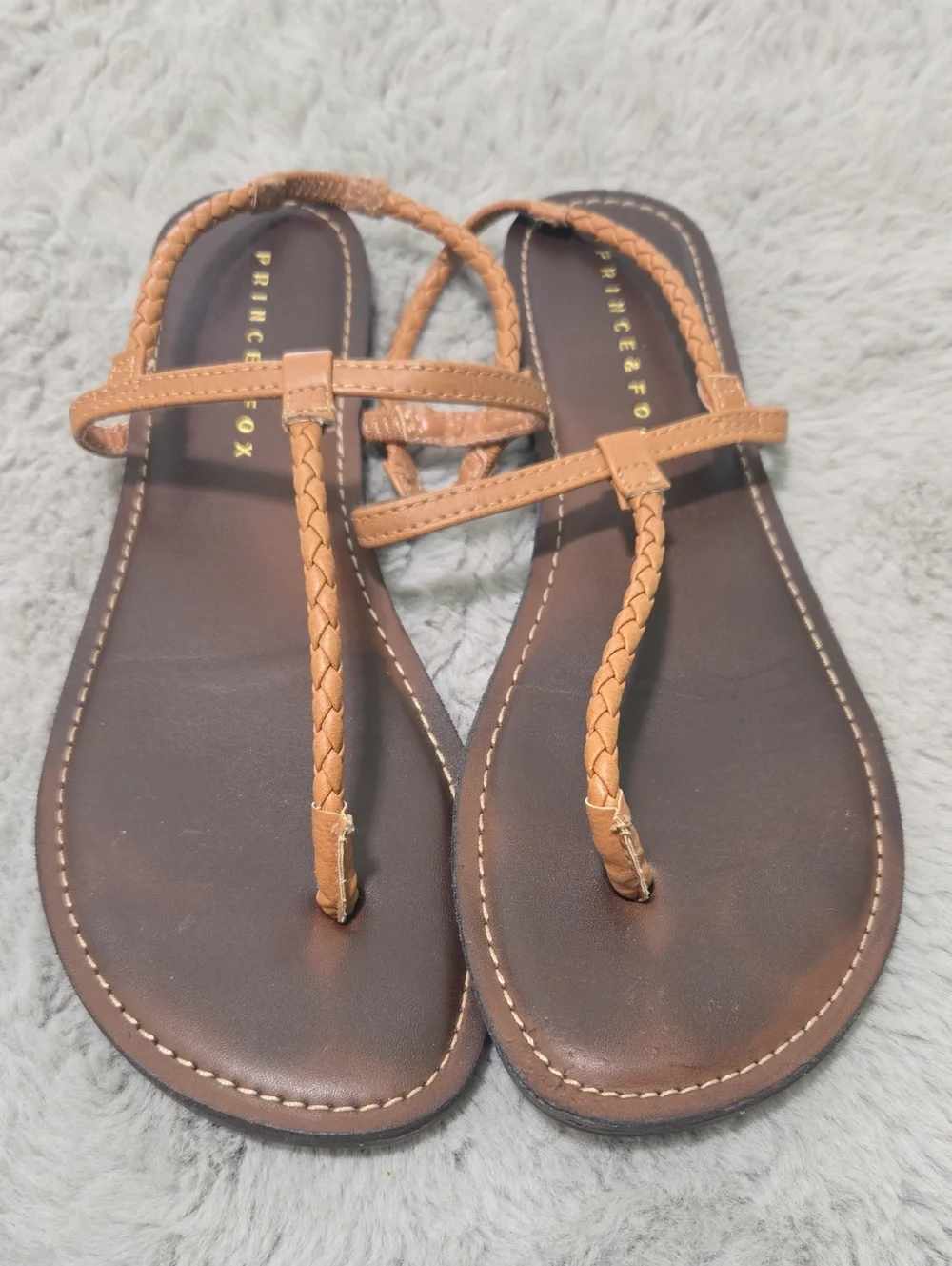 Prince & Fox braided brown and tan thong flat sandals size 7.5